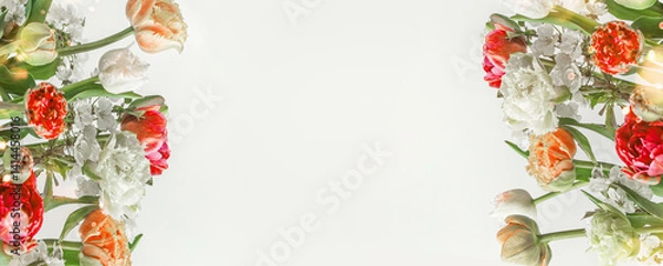 Fototapeta Springtime floral frame with tulips and cherry blossom branches on white background, banner