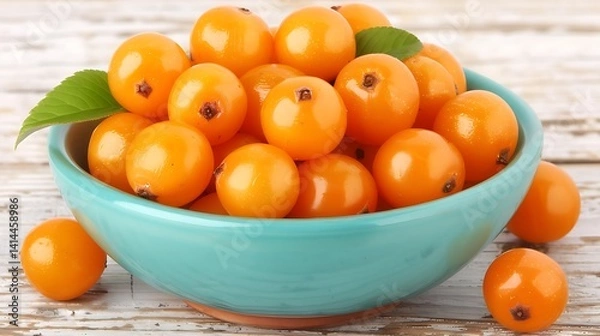 Fototapeta Bright and Delicious Sea Buckthorn Berries in a Light Blue Ceramic Bowl