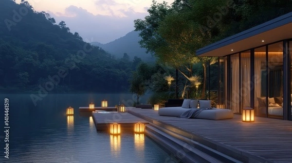 Fototapeta Dreamy lakeside villa at twilight with a wooden deck and glowing lanterns