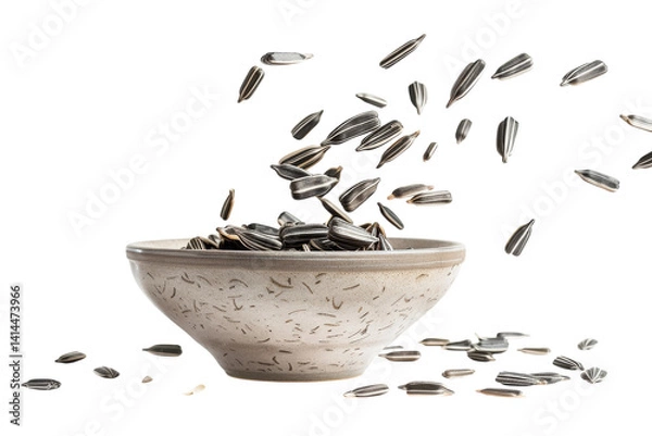 Fototapeta Sunflower seeds cascade from a bowl in an artistic display of texture and motion