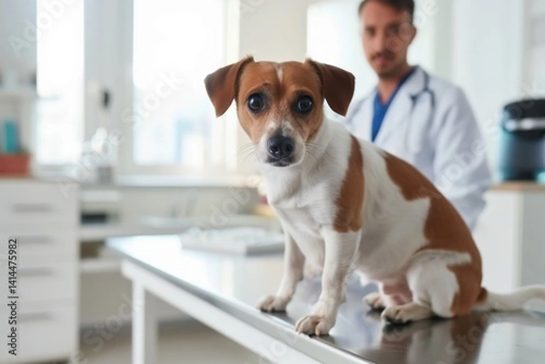 Obraz A frightened Jack Russell Terrier sits at a vet's appointment. Dog in a veterinary clinic.