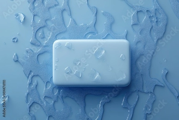 Obraz Minimalist soap bar with ice cubes on a light blue background offering a refreshing and clean aesthetic perfect for hygiene and beauty product advertising