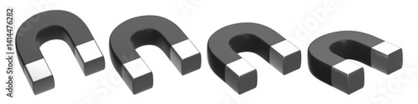 Obraz set of 3d black horseshoe magnet, PNG magnet, magnet with transparent background