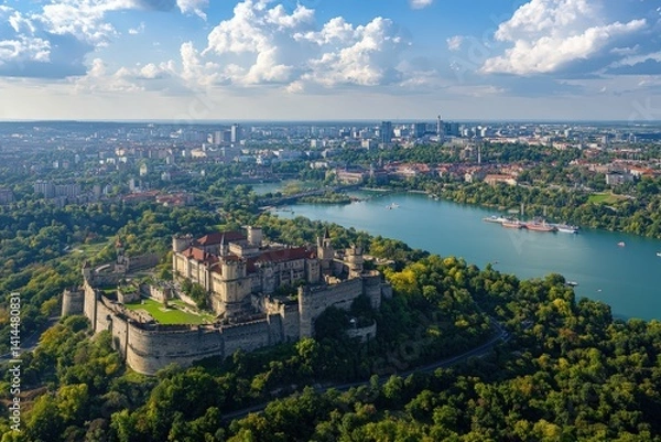 Obraz Aerial view of the 14 Crosses chapel in Sovata - Romania. Beautiful simple AI generated image
