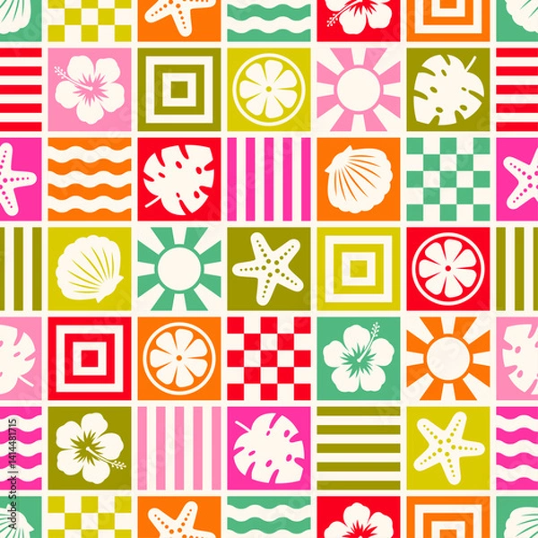Obraz Colorful hibiscus, monstera leaf, starfish, sun, seashell, sliced fruit with square pattern design for summer holidays background.