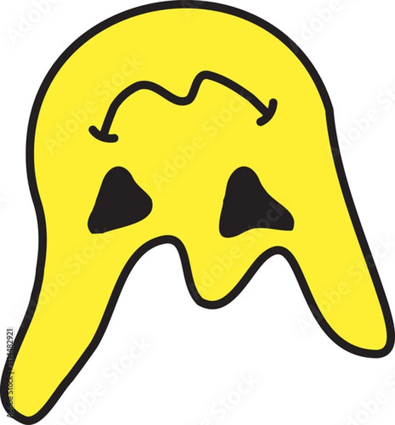 Fototapeta Melted yellow smiley with elongated ghostly shape and upside-down curves, expressive and odd. Isolated on white. Stock vector illustration in grunge cartoon style.