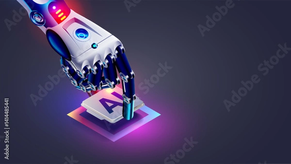 Fototapeta AI or artificial intelligence chip technology, chip concept. Robot or cyborg hand holds electronic processor chip or CPU with AI. Cyborg arm places AI chip. Microchip of neural network computing.
