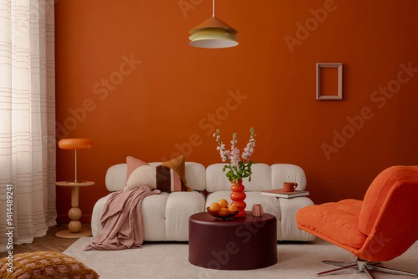 Obraz Modern set up of interior design with white modular sofa, orange armchair and stylist decorations. Home decor.