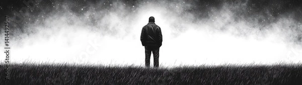 Fototapeta Man Stands on Hillside Misty Day