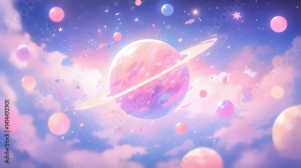Obraz Pixelated Planet With Rings And Floating Spheres In A Pastel Sky Illuminated By Light And Featuring Clouds
