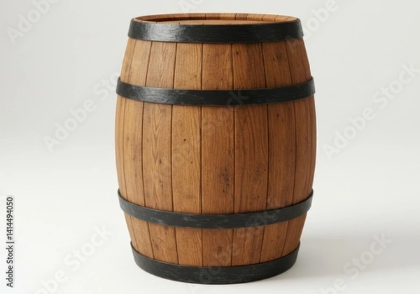 Fototapeta A wooden barrel with black metal hoops sitting on a white surface in a studio setting perfectly centered