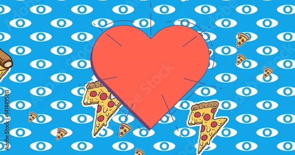 Obraz Red heart icon with copy space over pizza slice icons against blue background