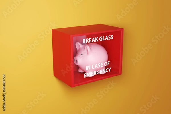 Fototapeta Pink piggy bank in a red box with a glass printed with the instruction BREAK GLASS IN CASE OF EMERGENCY on a yellow wall. Illustration of the concept of emergency fund and financial buffer