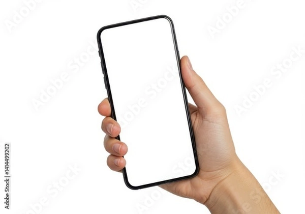 Fototapeta Hand holding a black smartphone with a blank white screen on a white background for product placement use