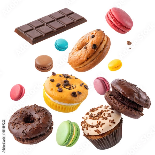 Fototapeta Sweet desserts flying including macaroons cookies donuts cupcakes isolated on transparent background