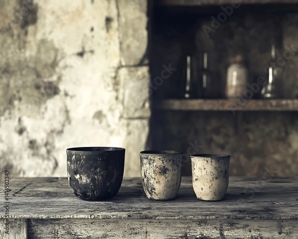 Fototapeta Rustic pottery display on weathered table