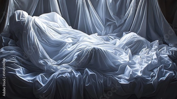 Fototapeta Ethereal Depiction of a Person Covered in White Fabric in the shadows