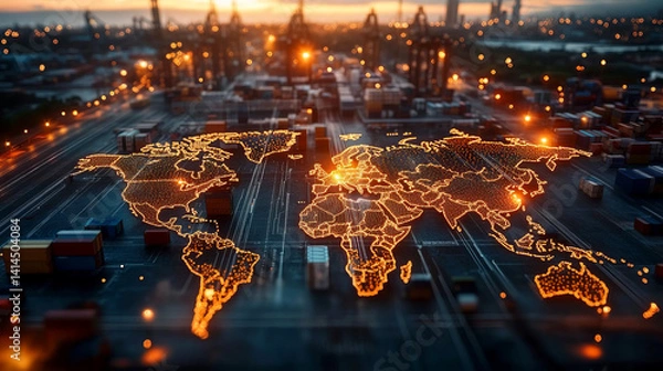 Fototapeta Global trade network at sunset in industrial shipping port with illuminated world map. Import tariffs concept