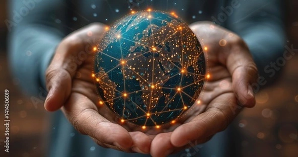 Obraz A pair of hands holding a glowing globe connected by lines, symbolizing global connectivity.