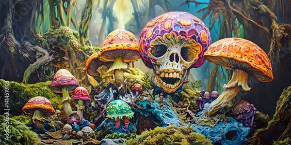 Obraz Fantasy Forest with Mushroom Skull, ai generated.