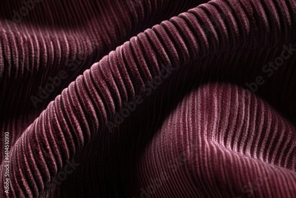 Fototapeta Close-up of rich, dark maroon corduroy fabric with a textured, wavy pattern.