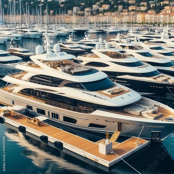 Fototapeta Luxury yachts in marina at boat show. Expensive boats displayed in harbor, nautical event. Modern yacht design on water showcase.