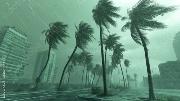 Obraz A storm is raging in a city with tall buildings and palm trees
