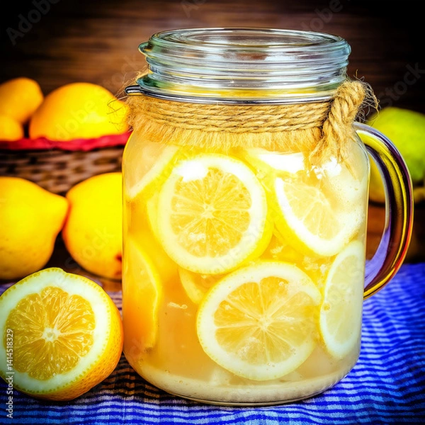Obraz Fresh lemonade in a clear glass jar with lemon slices floating. The jar is decorated with twine and stands on a blue gingham tablecloth. Lemons also lie nearby and in a wicker basket in the background