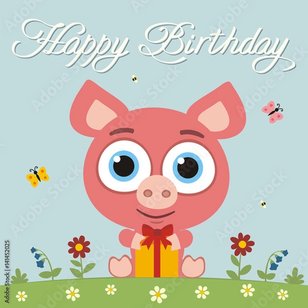 Fototapeta Happy birthday! Funny little pig with gift in cartoon style. Card with pig for child birthday.