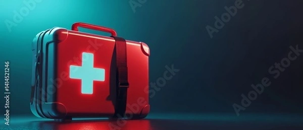 Fototapeta Emergency Kit Essentials: A vibrant image of a first aid kit, ready for urgent medical needs. Illuminated with an iconic red cross symbol, the kit embodies healthcare and assistance.