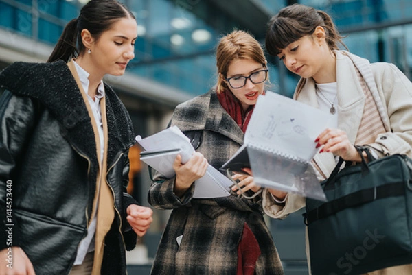 Obraz Three professional women review documents in an outdoor city setting, collaborating and sharing ideas.