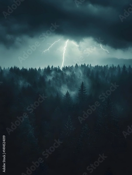 Obraz Lightning cuts through dark clouds, illuminating the rainforest