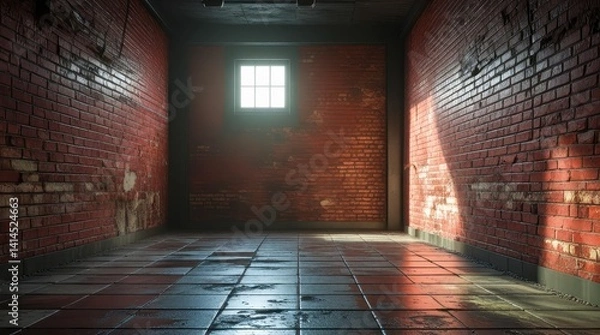 Fototapeta Empty industrial space with an aged brick wall and worn tile floor. Soft light emphasizes the texture of the brick. The atmosphere is dark and cinematic.