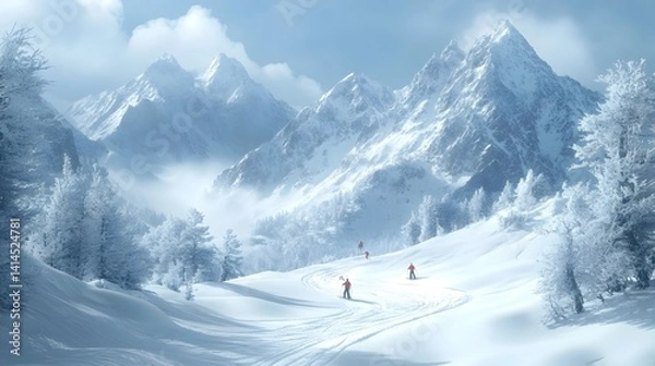 Obraz Skiers enjoy freedom in the snowy mountains and forests