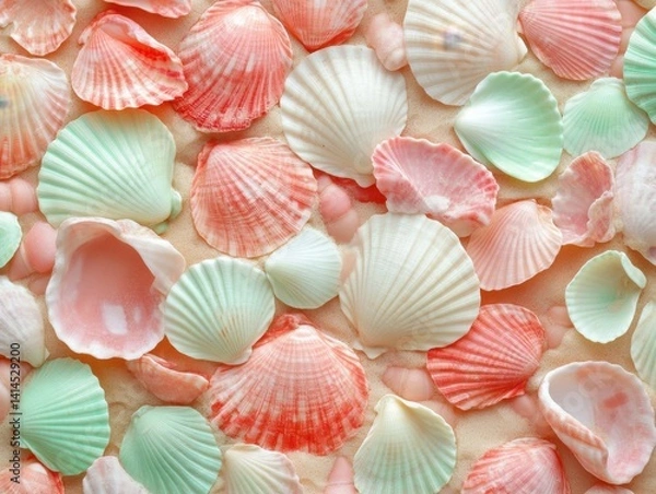 Obraz Pastel seashells on sand background creating a soft and calming visual texture perfect for summer themes