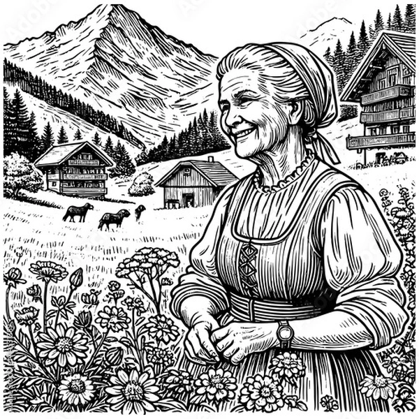 Fototapeta smiling elderly woman sitting in a flower-filled alpine meadow with mountains, clouds, and rural scenery in the background sketch engraving generative ai PNG. Scratch board. Black and white.