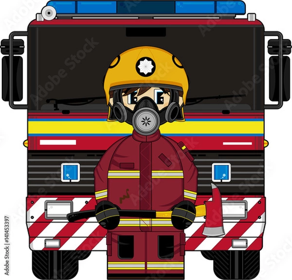 Obraz Cute Cartoon Fireman and Fire Engine