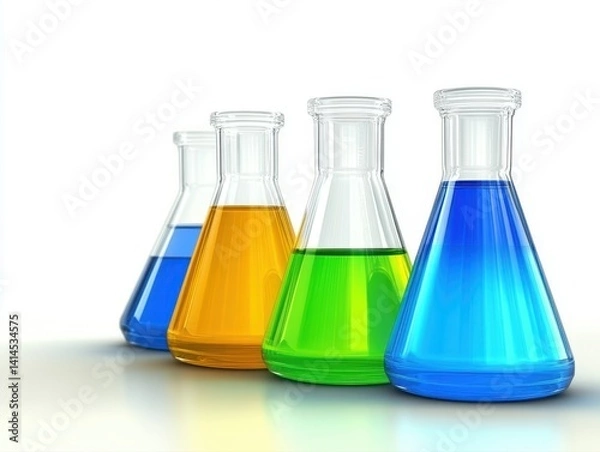 Fototapeta Colorful liquids in laboratory flasks provide copy space for text on a research table, showcasing 3-standard v2-4.1x in a scientific analysis environment.