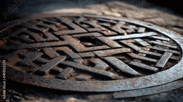 Obraz Rusty, intricate metal grate with geometric patterns casting shadows on a dimly lit surface.