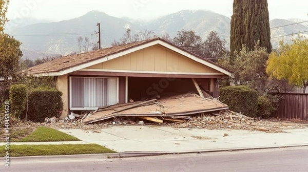 Fototapeta A house with a garage door that has been destroyed