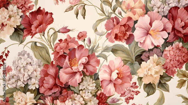 Obraz carnations and snowdrop flowers with antique Chintz style wallpaper background poster decorative painting