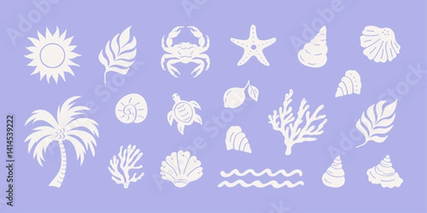 Obraz The hand-drawn summer boho vintage icon set features a palm,  a turtle, sun, sea, shells, and crab in a groovy naive style —ideal for vacation-themed vector logos, prints, posters, and travel designs.