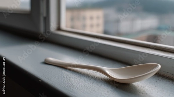 Fototapeta An elegant white ceramic spoon rests on a windowsill, inviting contemplation of simplicity and everyday beauty against a blurred urban backdrop.