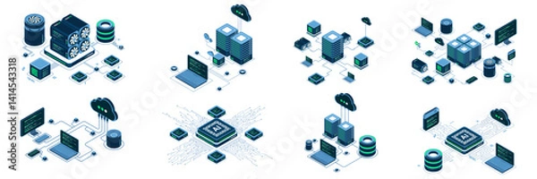 Obraz Set of isometric modern technology concept for cloud computing, Datacenter, Database, artificial intelligence, and blockchain technology. Isometric technology
