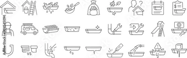 Obraz Gutter maintenance line icon set. Vector pictograms of downspout cleaning, hose, ladder, bracket, debris, leaf guard, repair, thin linear illustration.