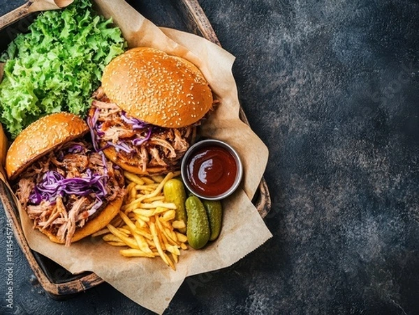 Obraz Delicious pulled pork sandwiches with fries and pickles on a rustic wooden tray overhead shot appetizing meal