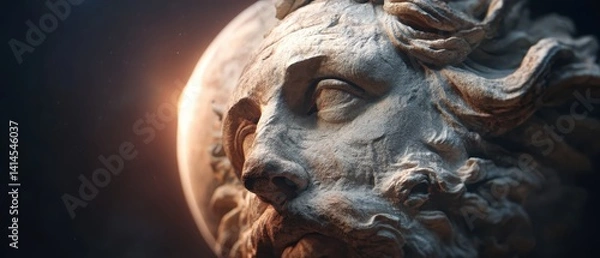 Obraz Fragment of a stoic stone statue of a man. Sculpted stone shows signs of age. Detailed carving of a face in profile evokes timelessness.