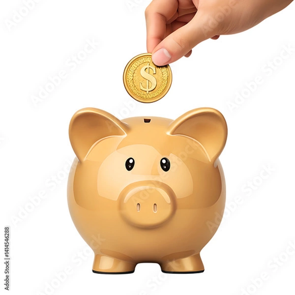 Fototapeta Gold piggy bank. hand holding coins. concept of saving