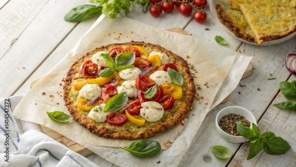 Fototapeta Cauliflower crust pizza with tomatoes, mozzarella, and basil