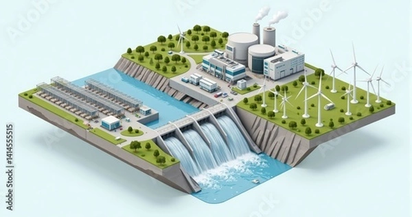 Fototapeta Isometric vector illustration nuclear reactors hydro dams wind turbines industrial energy complex white minimalist design